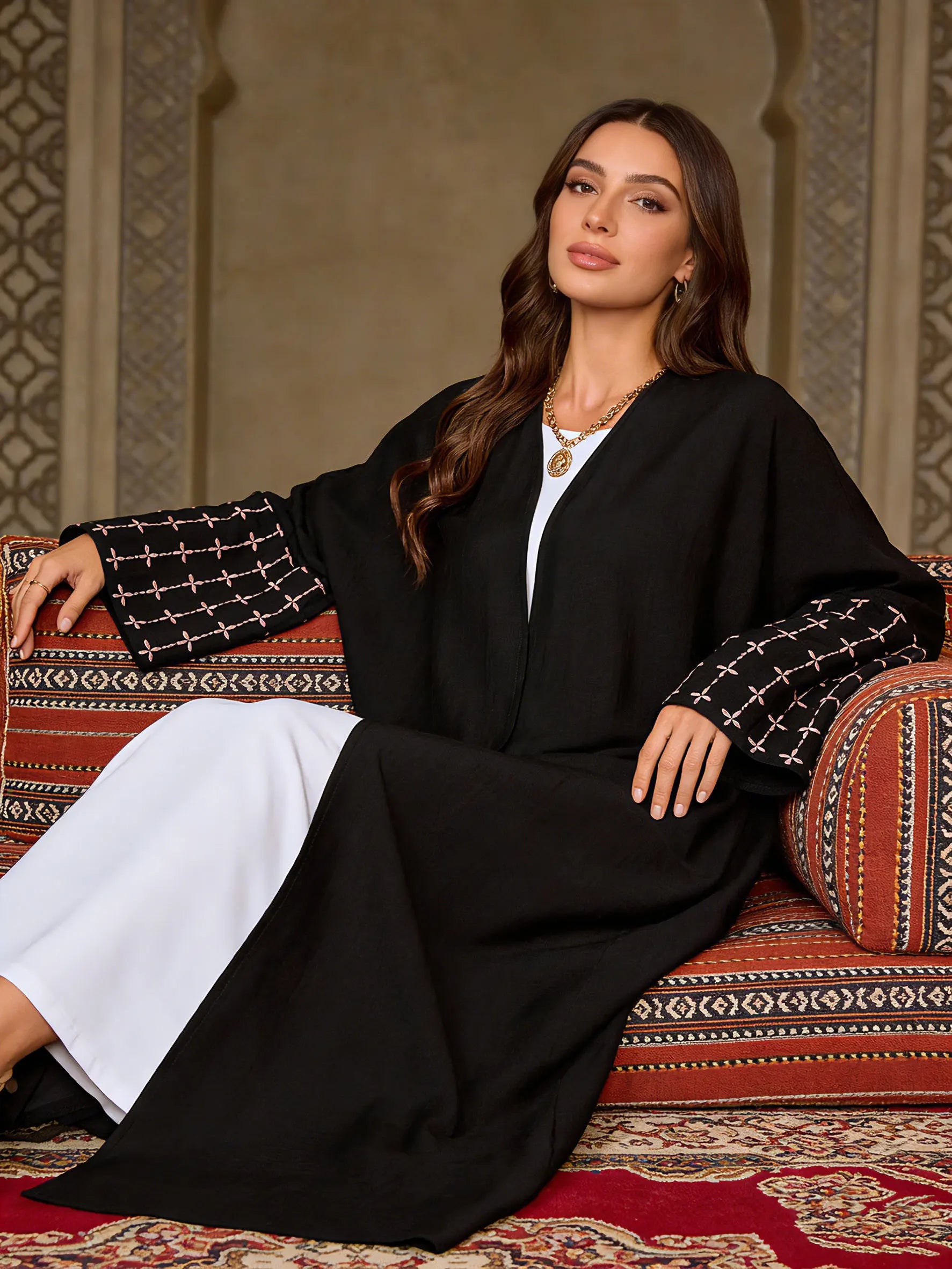 Black & Pink Contrast Abaya With Checkered Embroidered Cuffs Women Muslim Moroccan Kaftan Ramadan Jalabiya Islam Dubai Arabic
