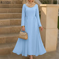 ZANZEA Muslim Women's Ribbons Patchwork Maxi Dress Modest Hijabs Long Sleeve Gathered Waist Long Dresses Islamic Ramadan Clothes