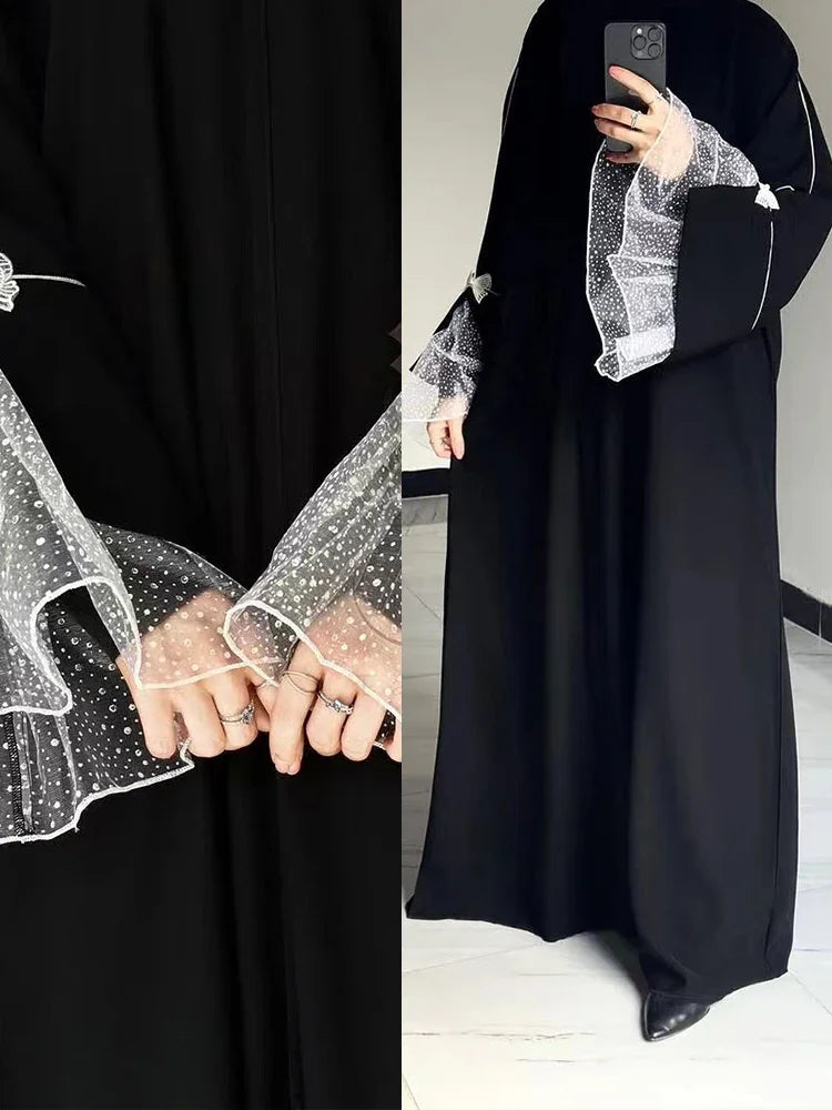 Muslim Abaya Women Lace Sleeve Elegant Nida Black Abaya Dubai Modest Dresses Morocco Kaftan 2025 EID Cardigan Summer Long Robe
