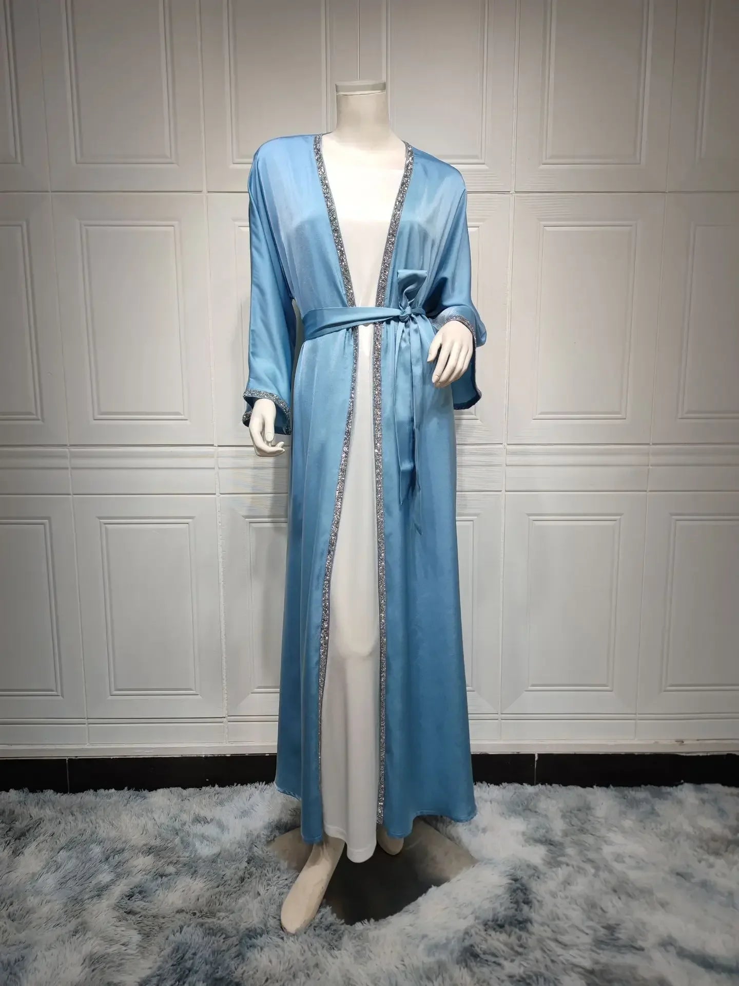 Kimono Abaya Satin Muslim Dress Diamond Open Abayas for Women Dubai Turkey Outwear Islam Modest Clothes Kaftan Femme Musulmane