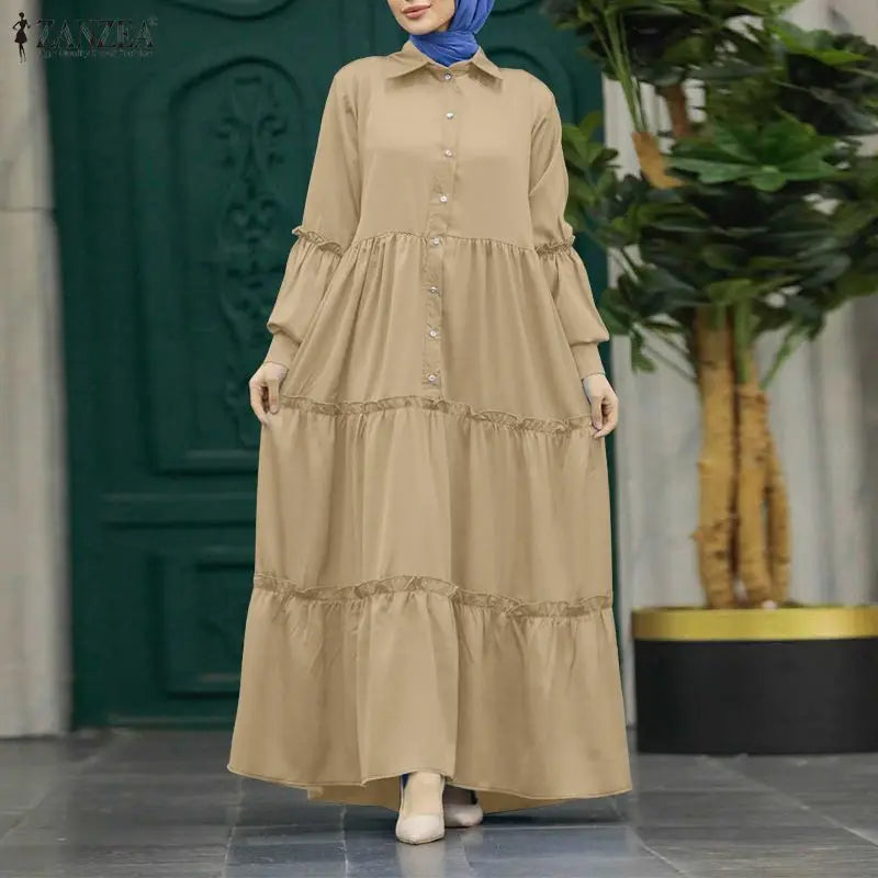 ZANZEA Muslim Hijabis Modest Long Dress Women's Turn-Dwon Collar Long Sleeve Ruffles Trim Tiered Dresses Islamic Abaya Robes 3XL