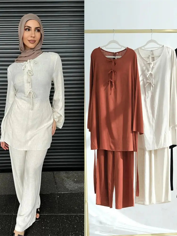 Robe Femme Musulmane Abayas Prayer Clothes For Women Ramadan Plain 2 Piece Abaya Set Tops Pants Modest Muslim Sets Kaftan
