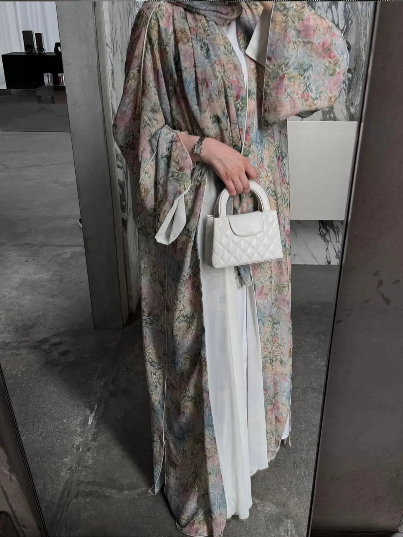 Middle Eastern elegant Floral Print Abaya with Headscarf