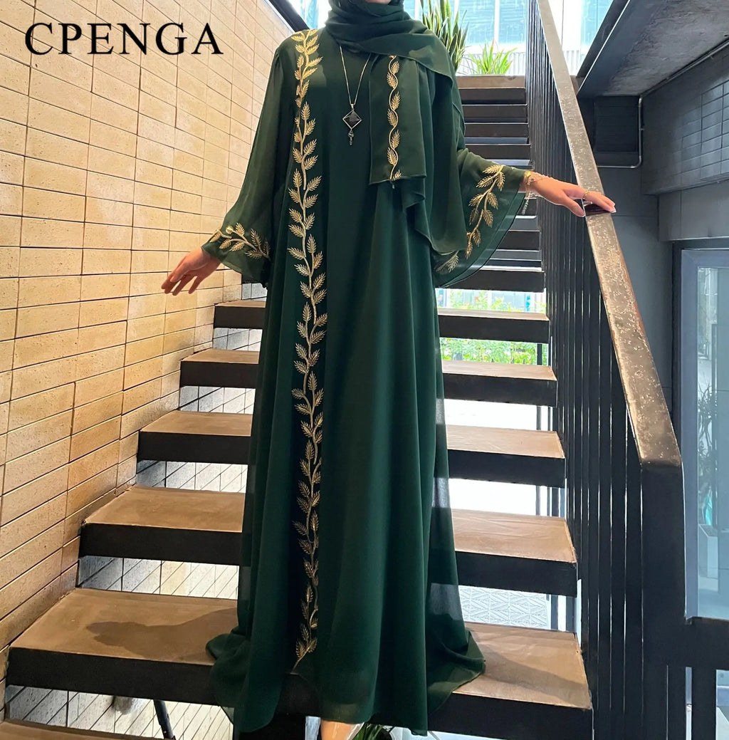 Two-piece Arabic Chiffon Clothes Set for Muslim Women Elegant Dubai Modest Abaya Dress with Hijab Islamic Party Jalabiya Outfit