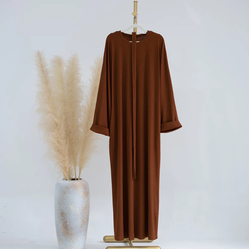Modest Rib Knit Abaya Dress Muslim Women Clothing, Casual Hijabi Robe Ramadan Eid Dubai Turk Islamic Maxi Dress All-Season Wear