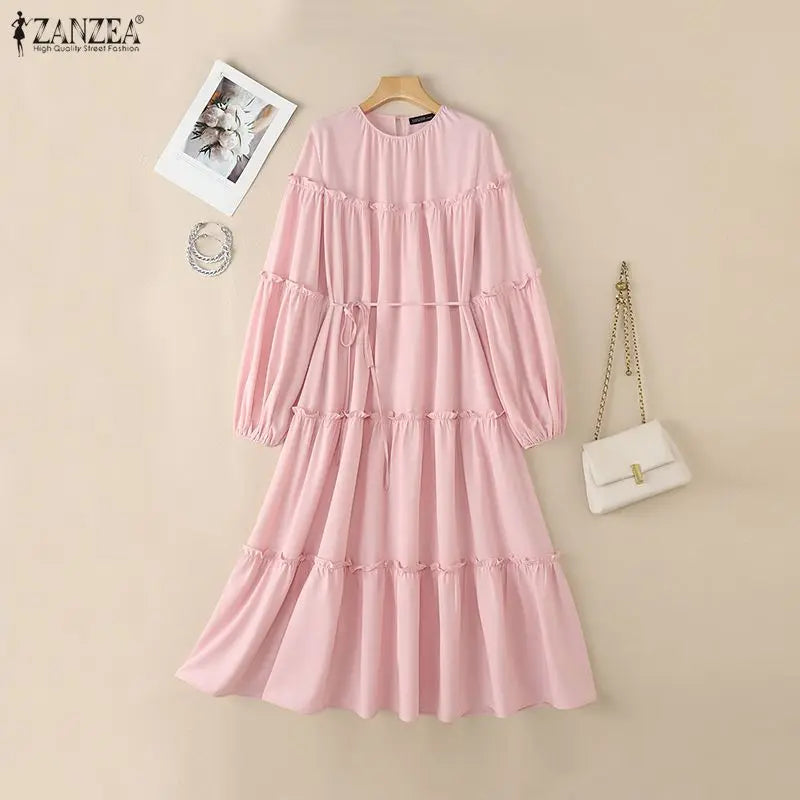Muslim Woman Modest Ruffles Trim Maxi Dress Elegant Lantern Sleeve Sashes A-Line Tiered Long Dresses Islamic Ramadan Clothes 3XL