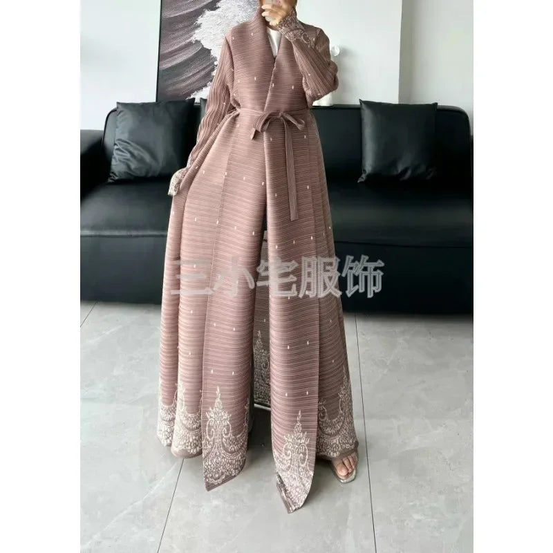 Autumn and Winter New Abaya Fashion Lapel Pleated Long Sleeved Cardigan Windbreaker Jacket Saudi Abayas for Women