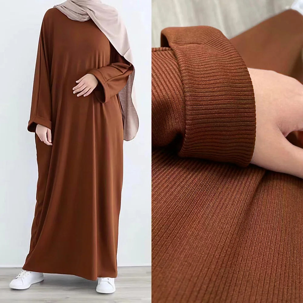 Modest Rib Knit Abaya Dress Muslim Women Clothing, Casual Hijabi Robe Ramadan Eid Dubai Turk Islamic Maxi Dress All-Season Wear