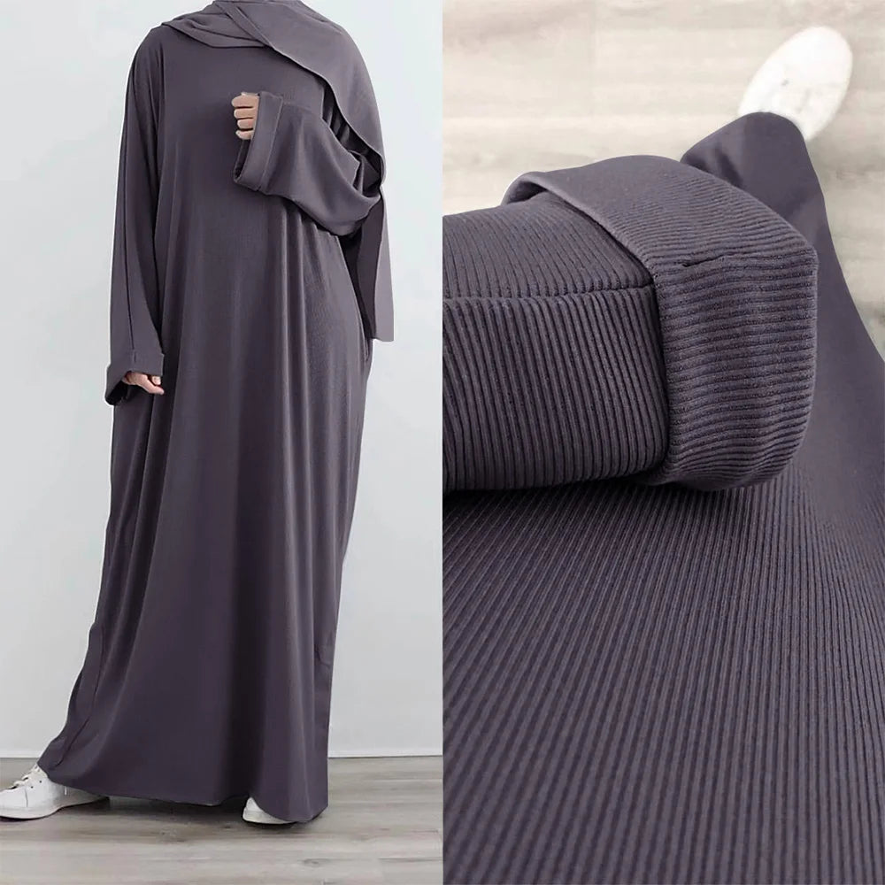 Modest Rib Knit Abaya Dress Muslim Women Clothing, Casual Hijabi Robe Ramadan Eid Dubai Turk Islamic Maxi Dress All-Season Wear