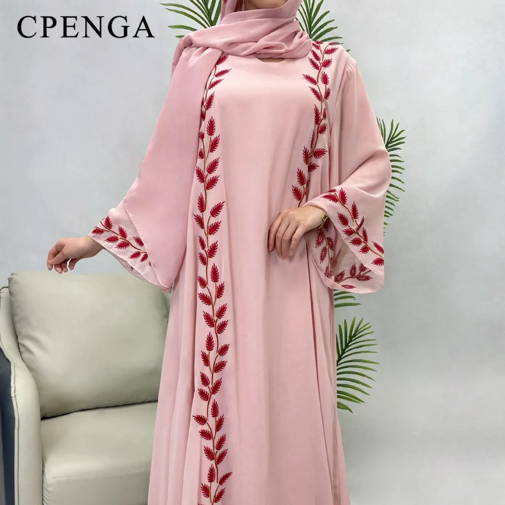 Two-piece Arabic Chiffon Clothes Set for Muslim Women Elegant Dubai Modest Abaya Dress with Hijab Islamic Party Jalabiya Outfit