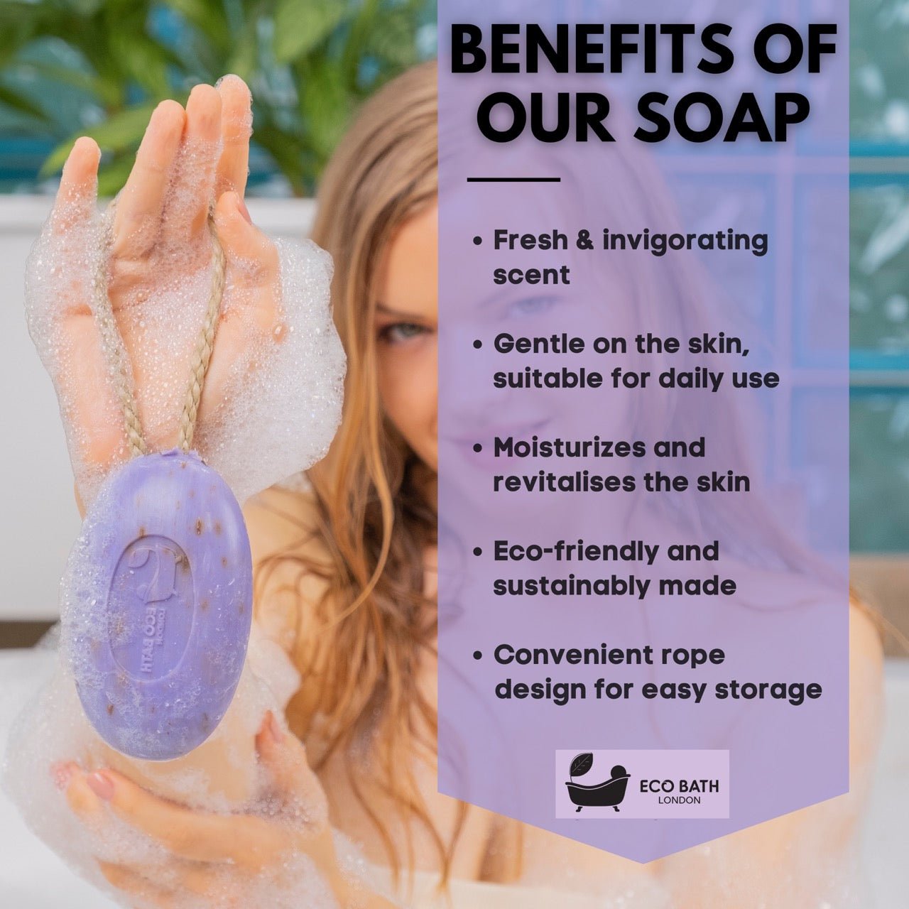 Eco Bath London Lavender Soap on a Rope 220g -  Luxurious and Eco Friendly Relaxing Body Wash Bar with Shea Butter