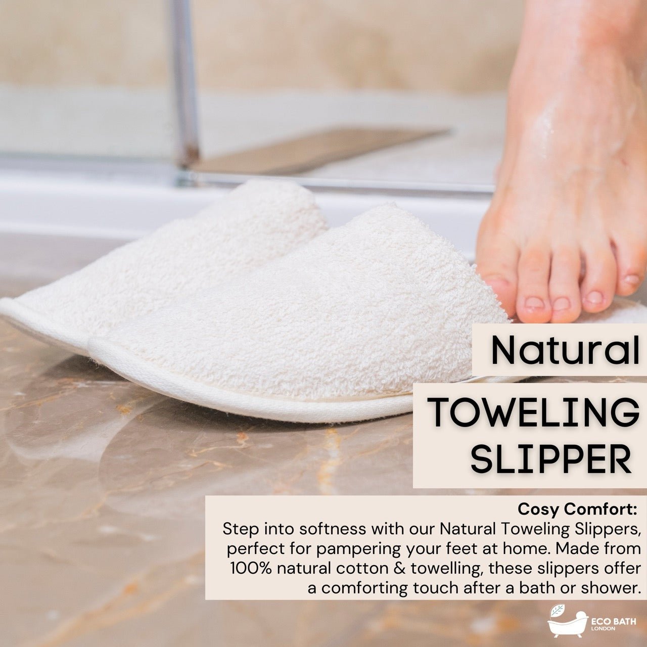 Eco Bath London Natural Towelling Slippers - GOTS Certificated Luxury 100% Organic Cotton Indoor Slippers for Bath and Home
