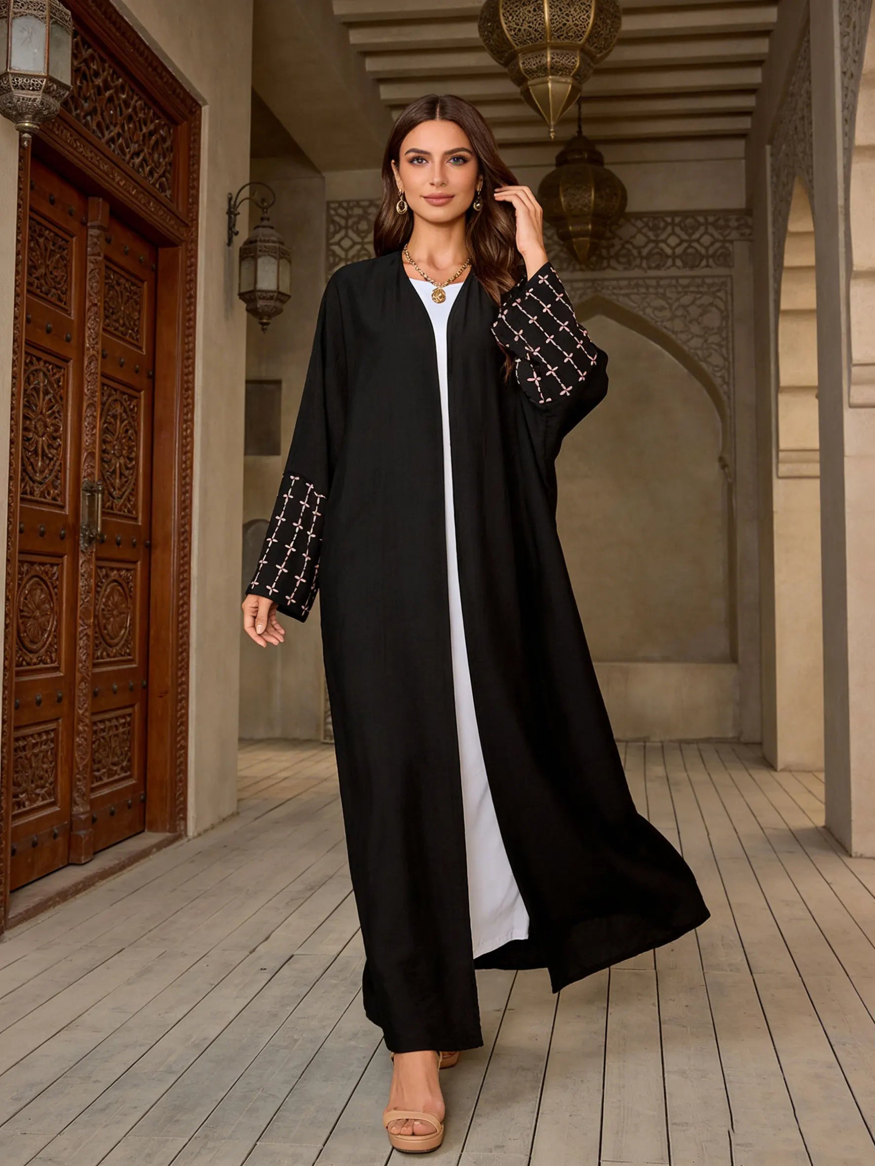Black & Pink Contrast Abaya With Checkered Embroidered Cuffs Women Muslim Moroccan Kaftan Ramadan Jalabiya Islam Dubai Arabic
