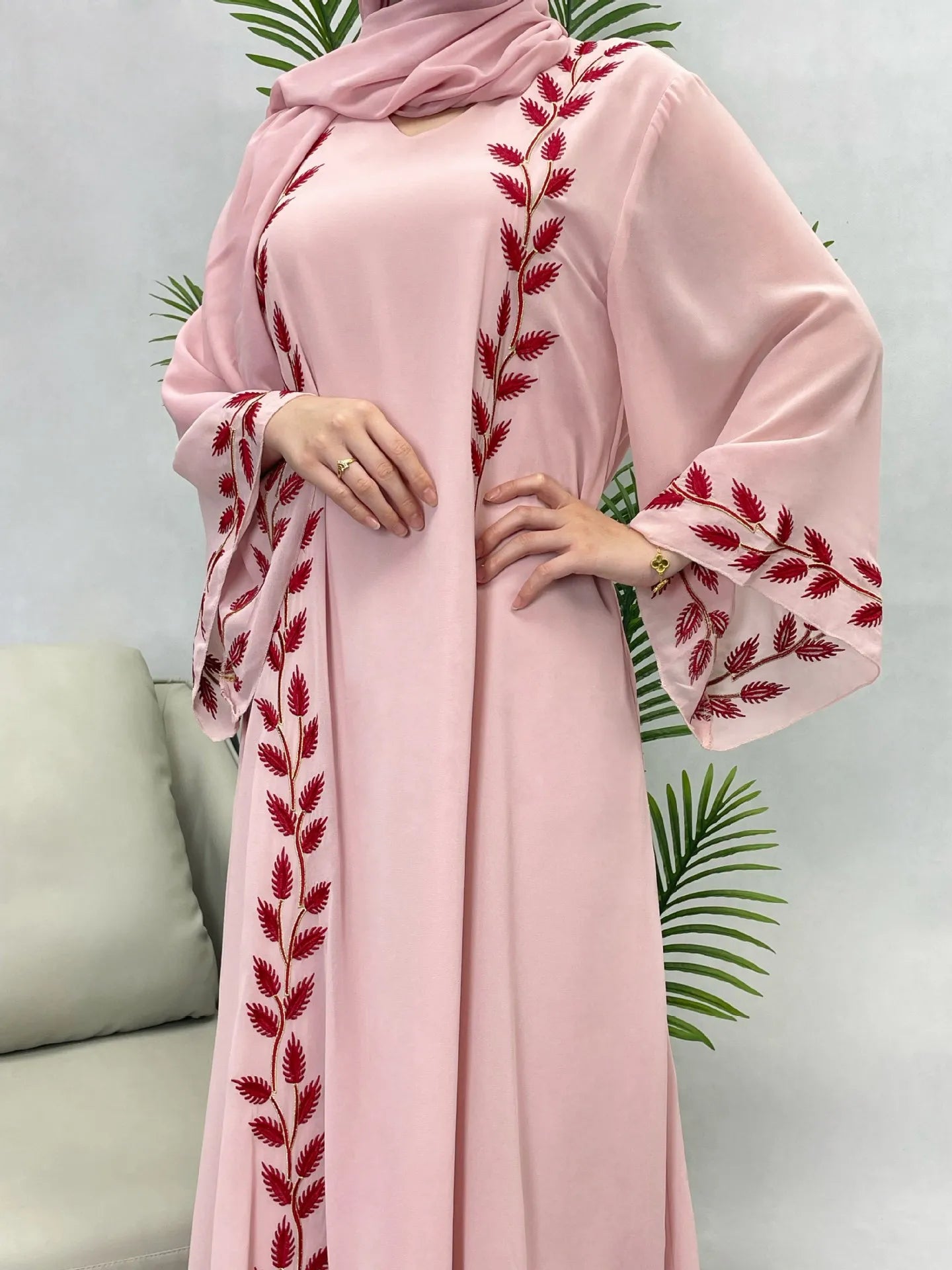Two-piece Arabic Chiffon Clothes Set for Muslim Women Elegant Dubai Modest Abaya Dress with Hijab Islamic Party Jalabiya Outfit