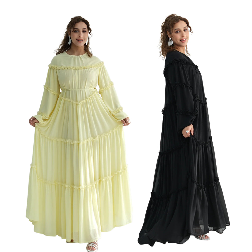 Muslim Woman Modest Ruffles Trim Maxi Dress for Elegant Lantern Sleeve A-Line Long Dresses Islam Femme Ramadan Clothes Vestidos