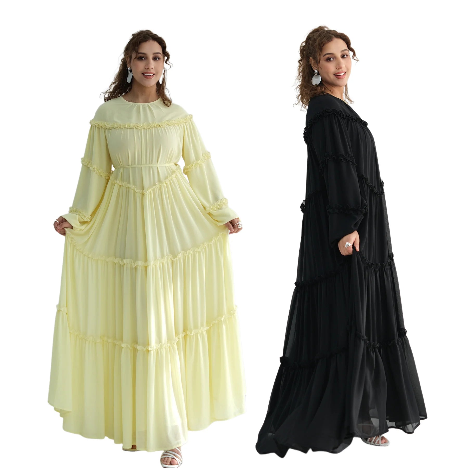 Muslim Woman Modest Ruffles Trim Maxi Dress for Elegant Lantern Sleeve A-Line Long Dresses Islam Femme Ramadan Clothes Vestidos